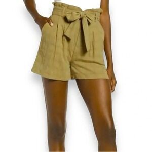 GOOD LUCK GEM Women's High Waist Paper Bag Khaki‎ Green Shorts Large | NWT